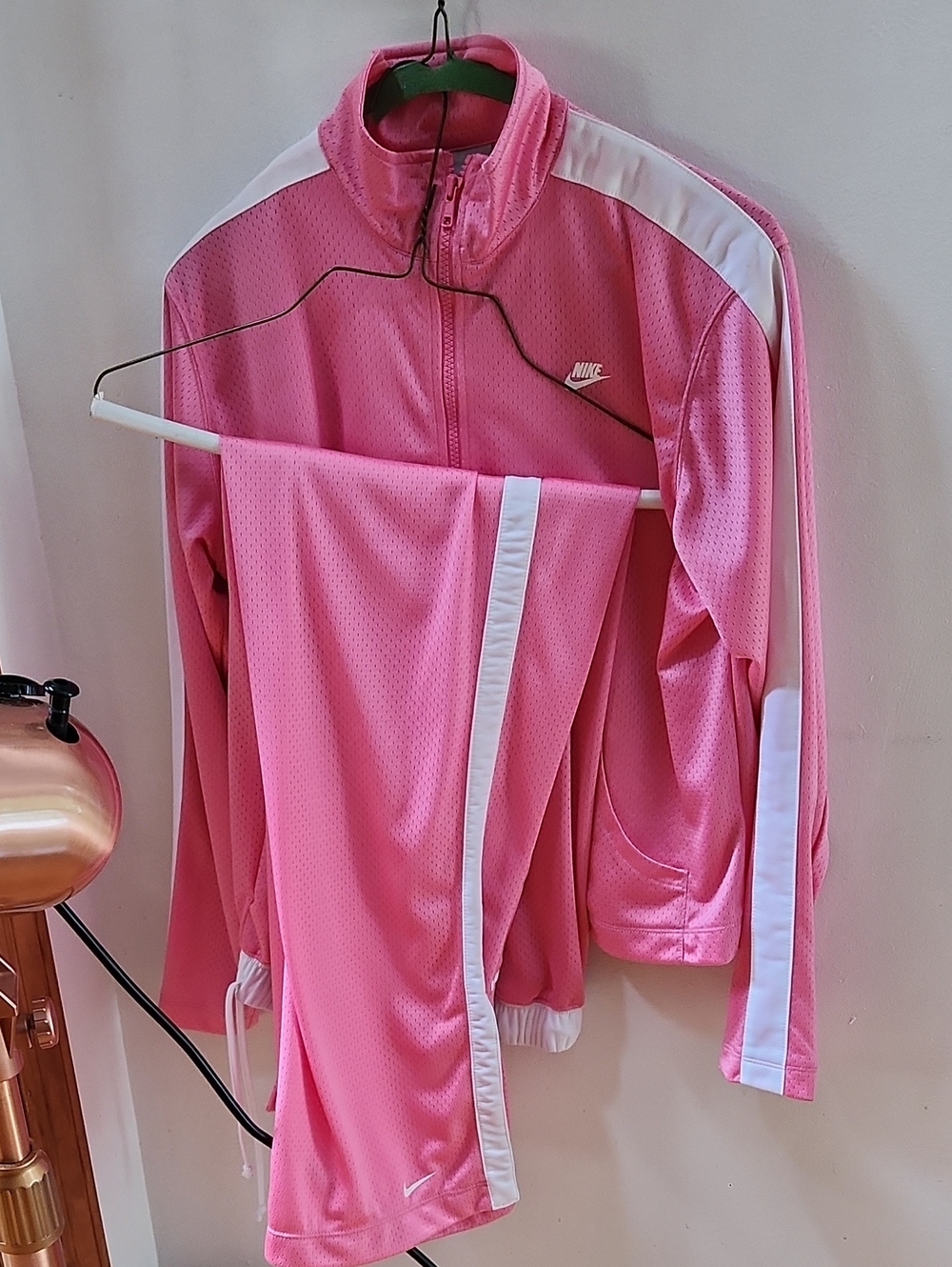 Very Pretty Nike Women's Pink and White Varsity Style Track Jacket and Pants